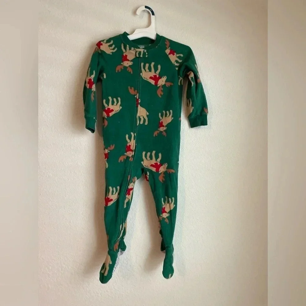 Child of mine by Carters unisex fleece footie green with reindeer pajama size 2T